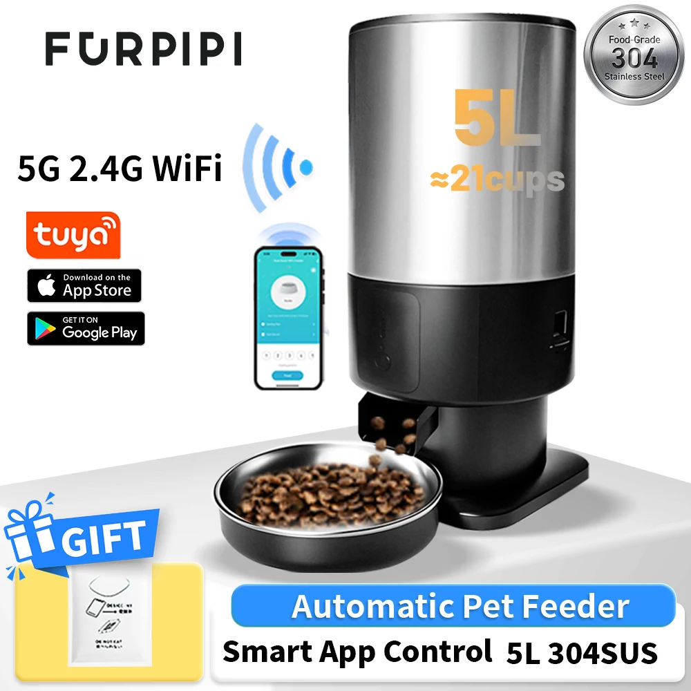 

5L Button WiFi Automatic Cat Feeder with Stainless Steel Bowls Furpipi Smart Pet Cat and Dogs Food Dispenser Feeder Pet Feeder