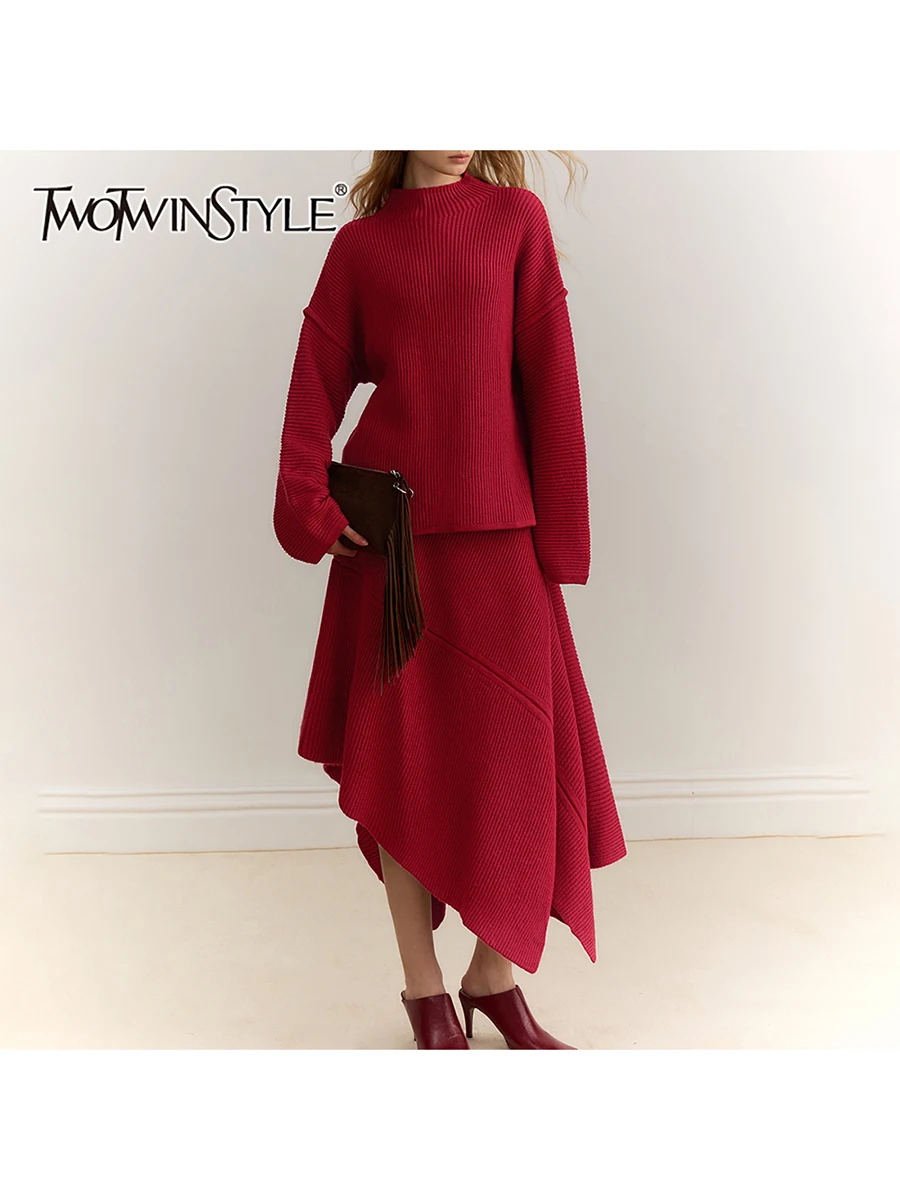 

TWOTWINSTYLE однотонные свободные вязаные комплекты из двух предметов для женщин, свитер с круглым вырезом и длинными рукавами, комплект с юбкой нестандартной формы с высокой талией, женский новый