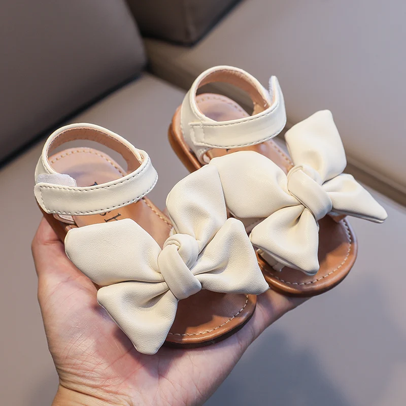 Girl\'s Summer Sandals Big Bowtie Pu Leather 21-30 Sweet Children Sliders Lovely Stylish Three Colors Flexiable Cute Kids Flats