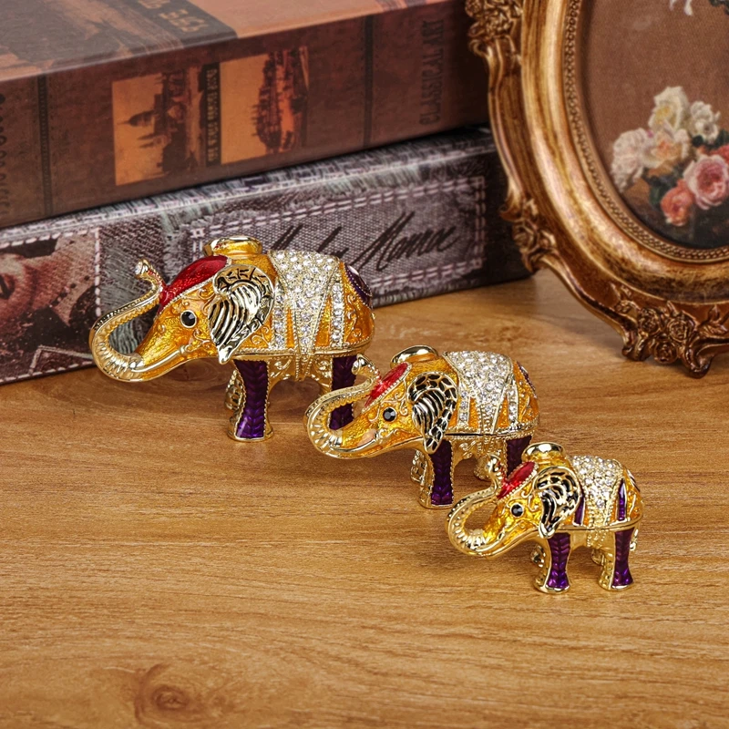 SHINNYGIFTS Hand Painted Enamel Hinged Elephant Trinket Box, Unique Mini Jewelry Organizer, Figurine Collectible Home Decor