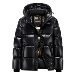 Casaco puffer masculino e feminino com capuz, casaco de penas pretas, impermeável, curto, luxo, roupas de inverno