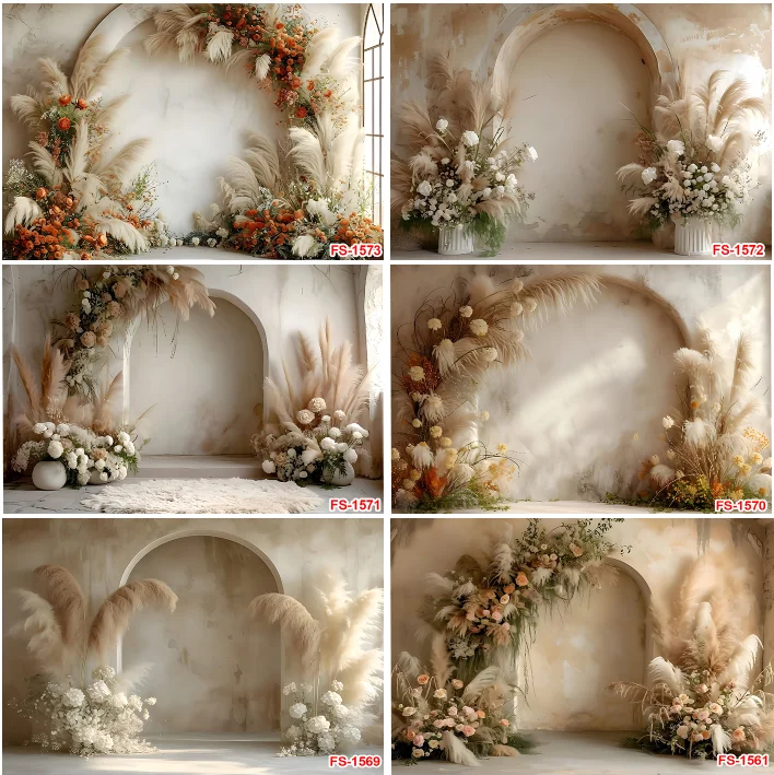 Photography Background Boho Pampas Grass Retro Vintage Bohemia Grey Wall Birthday Wedding Party Maternity Decor Backdrop Banner