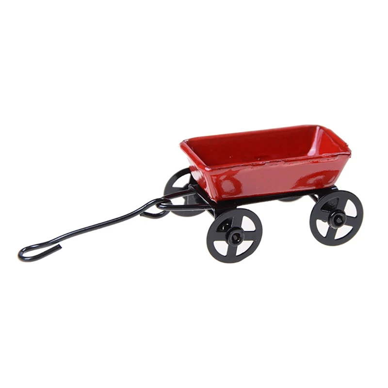 1:12 Mini Cute Dollhouse Miniature Metal Red Small Pulling Cart Garden Miniature Furniture Accessories