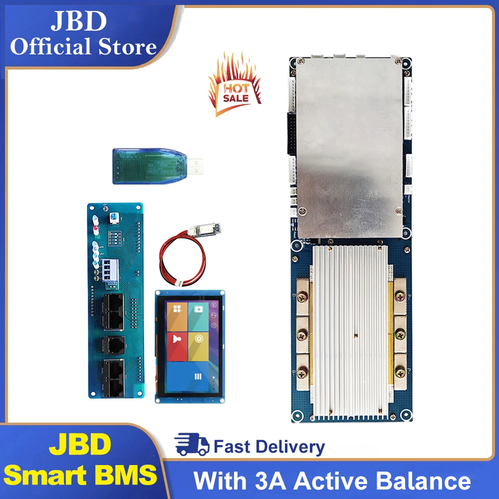 JBD Smart BMS with 3A Active Balance 24V 7S 8S 15S 50A 100A 150A 300A Battery System PCB 16S 48V 200A CAN inverter BMS Lifepo4