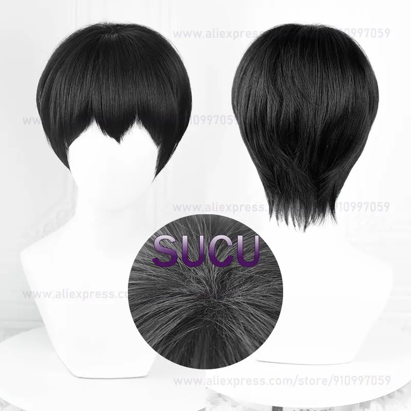 Wig Cosplay Anime Kageyama Tobio rambut pendek 28cm Wig Halloween rambut sintetis tahan panas hitam