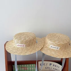 2024 Summer Big Brim Kids Straw Hat With Lable Children Panama Caps For Girs Boys Sun Hat Kids Accessories