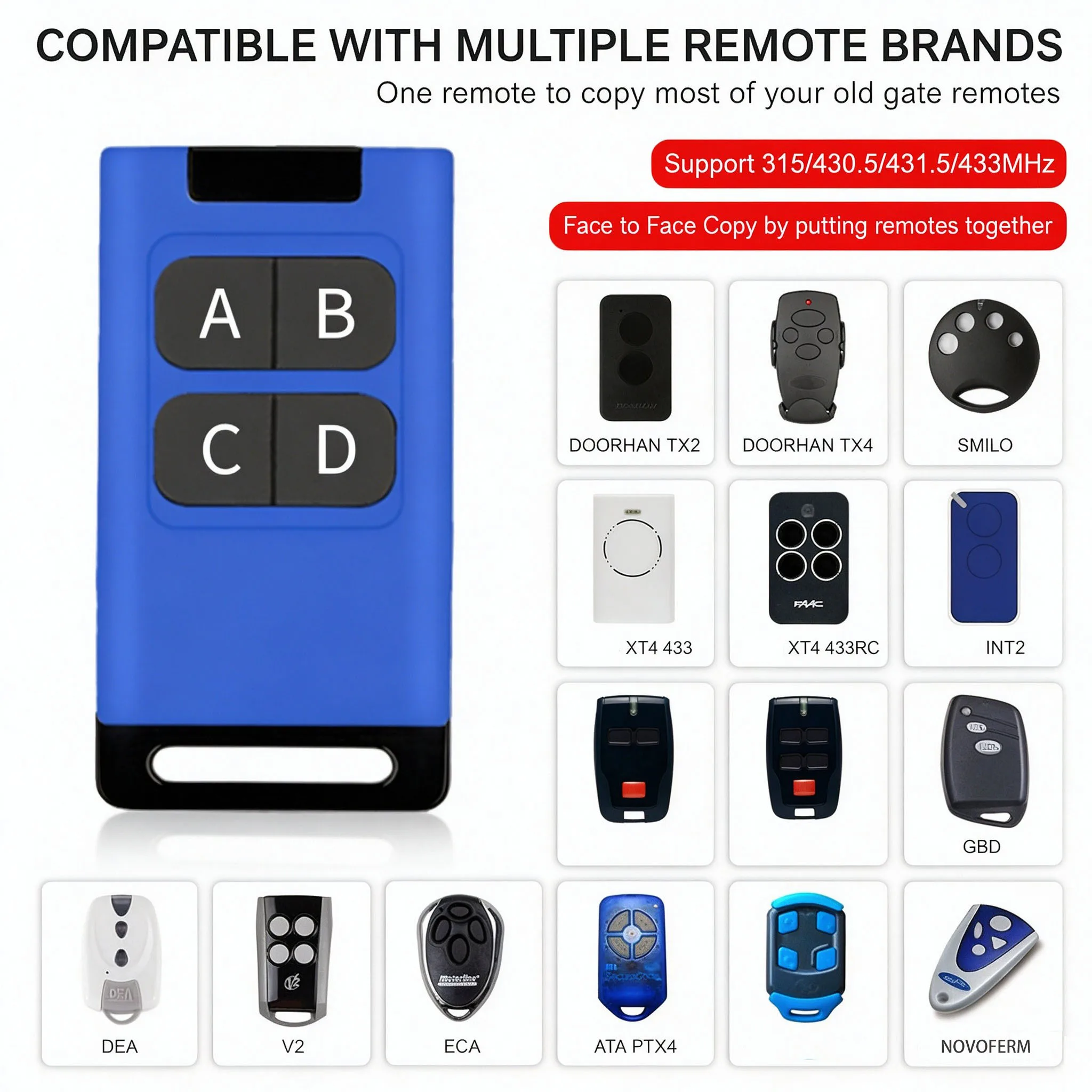 Universal Multifrequency Garage Remote Electric Gate Control 433MHz 315MHz Self-Copying Remote Control for Home Security