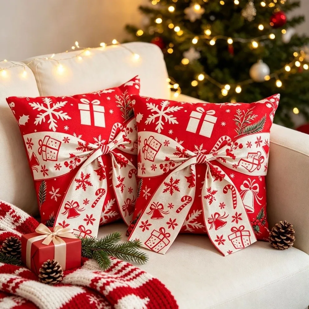 45x45cm Bowknot Pillow Cover Christmas Tree Snowman Sofa Home Decor Throw Pillow Case Cozy Soft Cushion Cover Christmas Decor