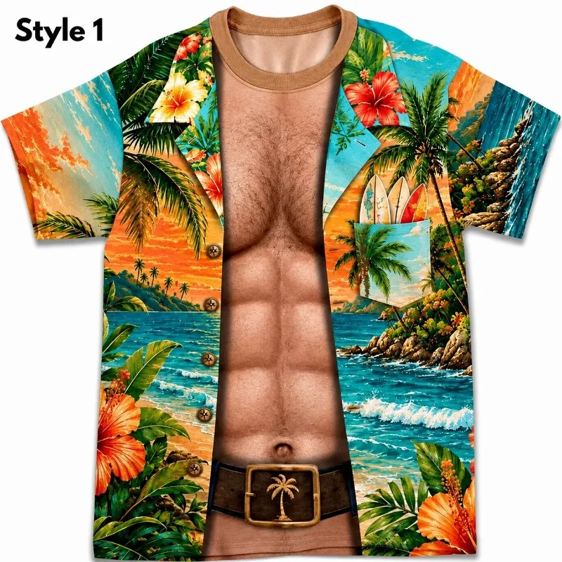 Beach Vacation Waves Starfish 3D Visual Muscle Short Sleeved Hawaiian Style Funny Round Neck Casual Men's Top
