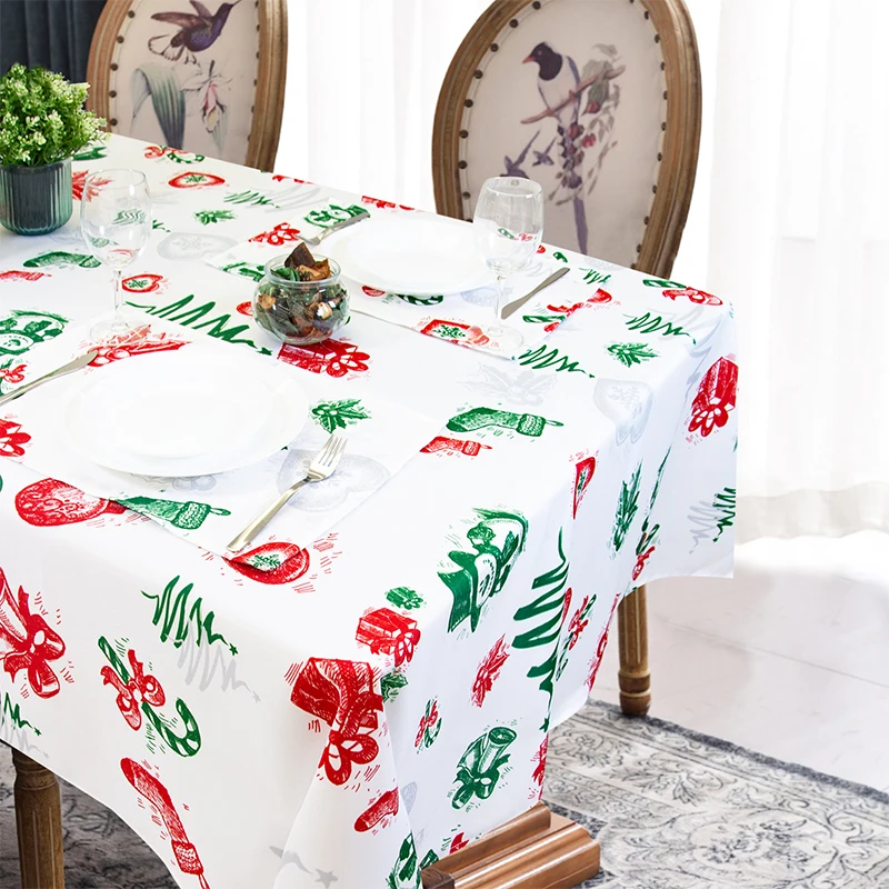 

Muwago Christmas Theme Party Decoration White Rectangle Tablecloth Snowman Jingle Bell Patter Waterproof Anti-oil Table Cover