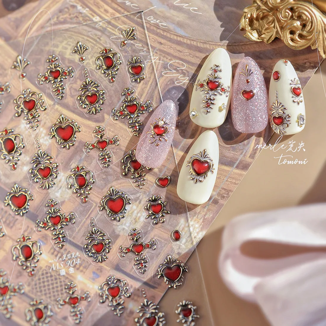 

Gilded Red Heart High Quality Nail Stickers Fashion New Chinese Style Royal Art Design Decorative Decal MS-904