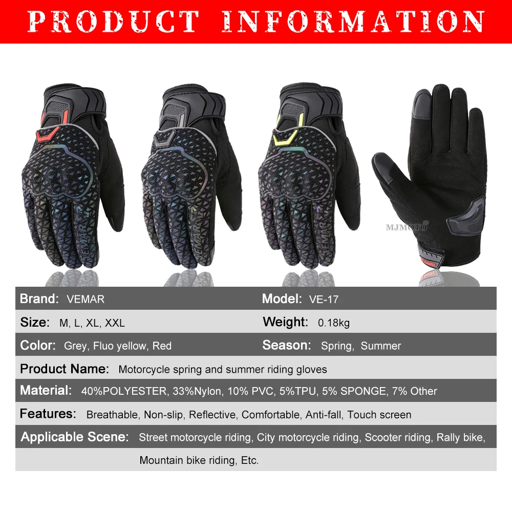 VEMAR Summer Motorcycle Cycling Gloves Reflective Colorful Motocross Gloves TPU Shell Protective Motorbike Gloves Touchscreen