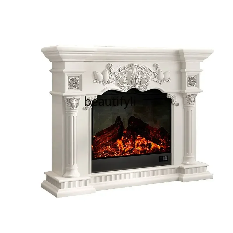 European Style White Fireplace Curio Cabinet Simulation Flame Design TV Bench for Living Room Bedroom Mantel Decor