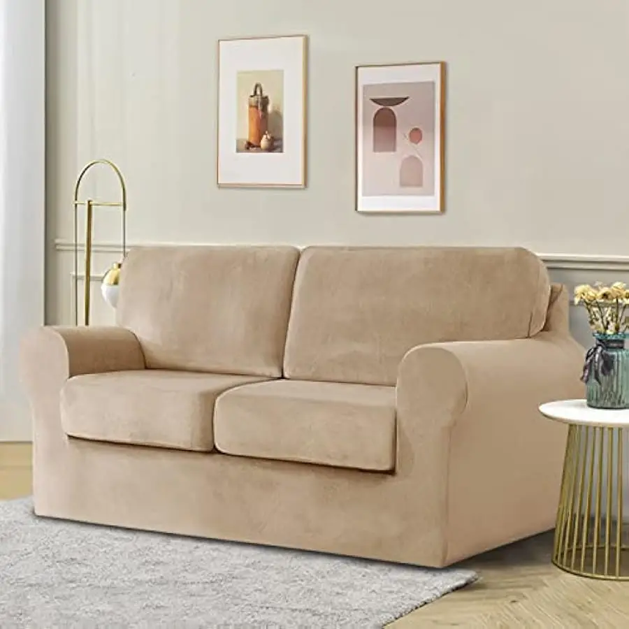 

5 Pieces Velvet High Stretch Sofa Covers for 2 Cushion Couch Sofa Slipcovers, Washable Furniture Protector with Drawstring Anti