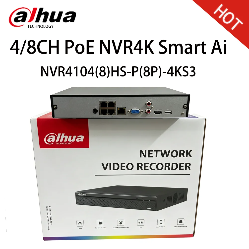 Dahua NVR4108HS-8P-4KS3 NVR4104HS-P-4KS3 PoE NVR Video Recorder Plug & Play For4K IP Security Camera Face Detection SMD
