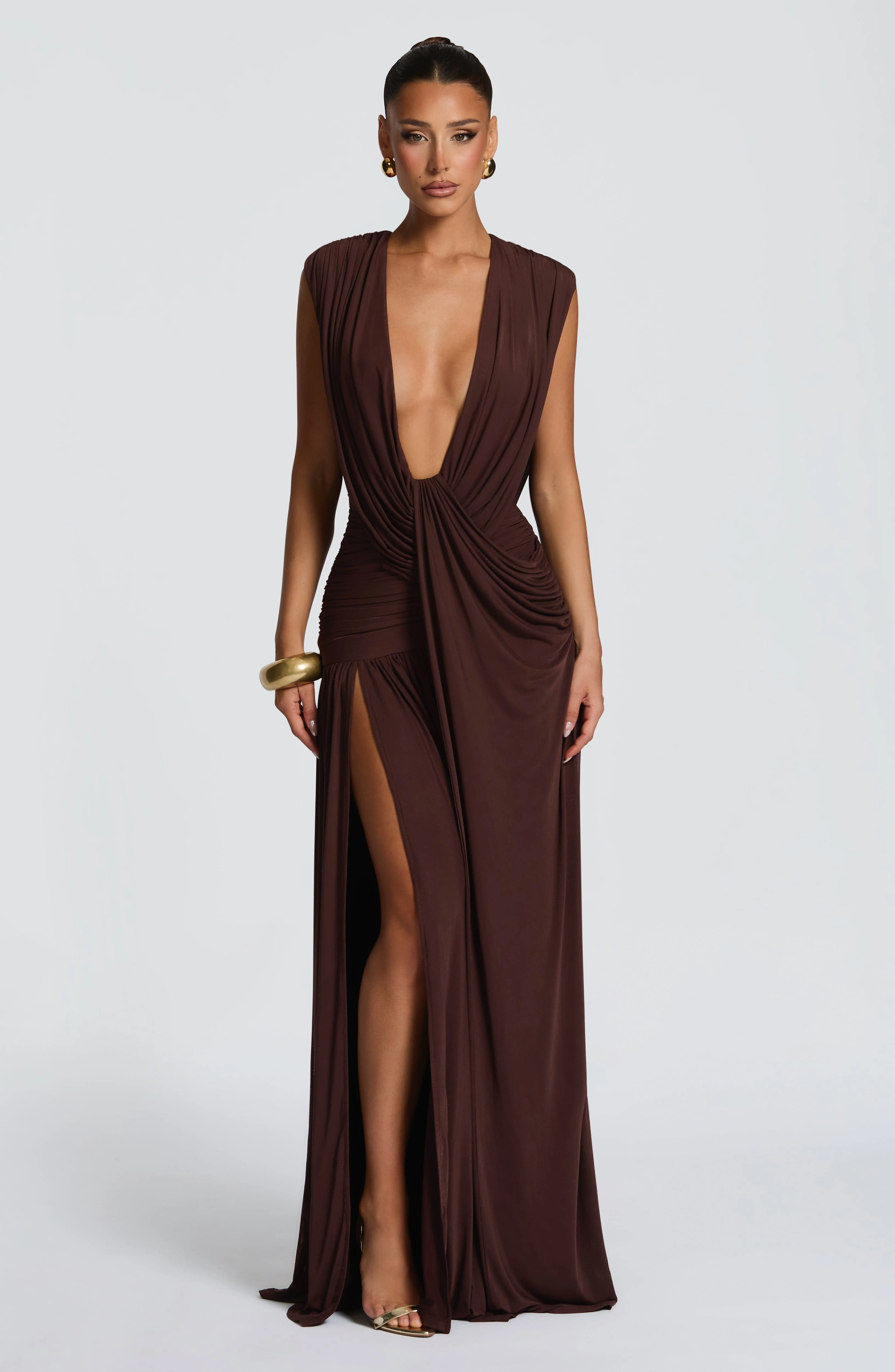 Women Deep V Sleeveless Ruched Maxi Dress High Split Draped Cowl Back Long Gown Chocolate Brown Elegant Formal Long Dresses