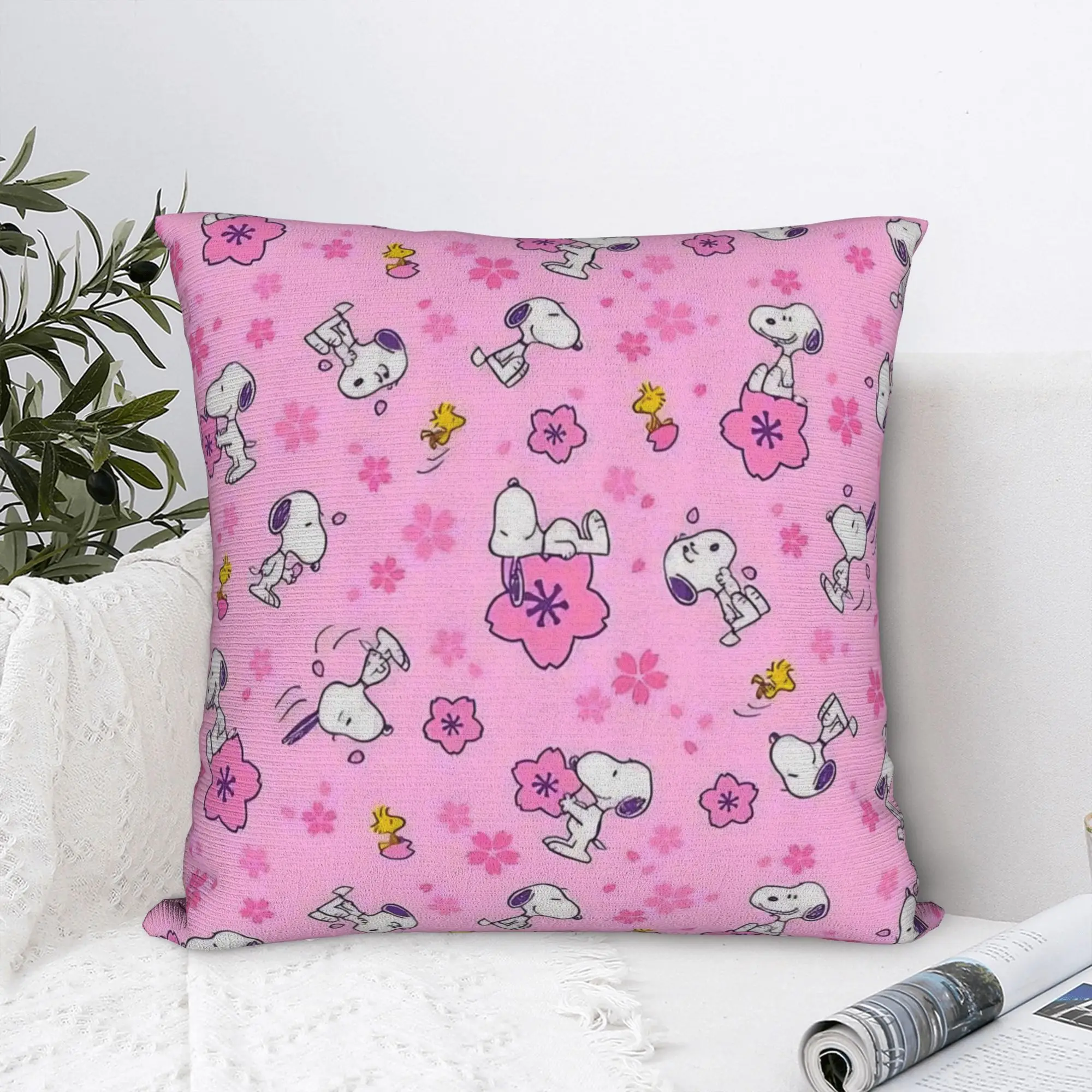Cartoon S-Snoopys Square Pillowcases Polyester Sofa Pink Flower Cushion Cover Creative Home Decoration Throw Pillow Case 45*45