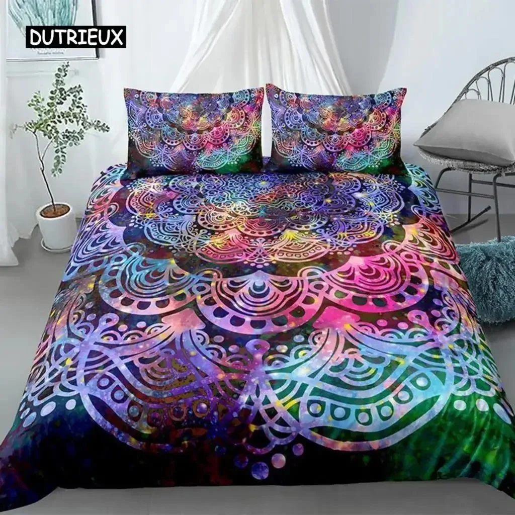 Mandala Duvet Cover Set King Polyester Tie Dye Paisley Quilt Cover Purple Boho Hippie Trippy Floral Exotic Style Bedding Set
