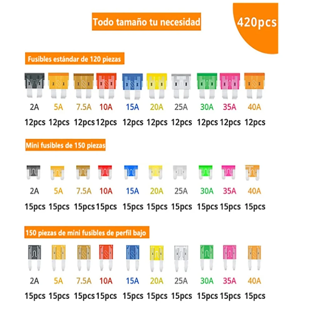 420pcs Boxed Small and Medium-Sized Fuse Pack, Automotive Fuses Plus 2 Sets of Test Pens