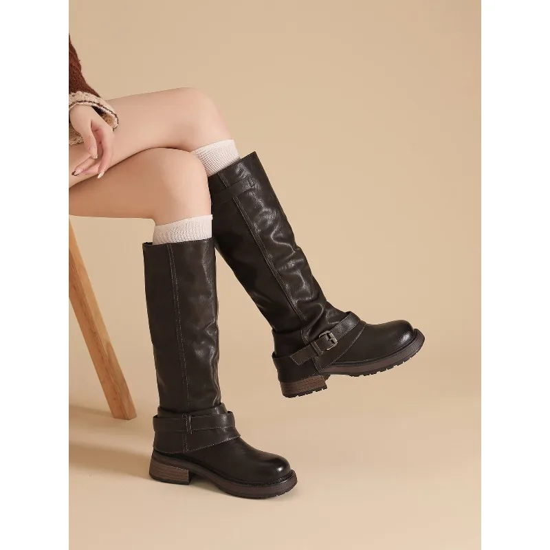 المرأة الركبة عالية كعب سميك المألوف الشرير القوطية جديد روك الجلود المألوف أحذية نسائية دراجة نارية أحذية مريحة #2