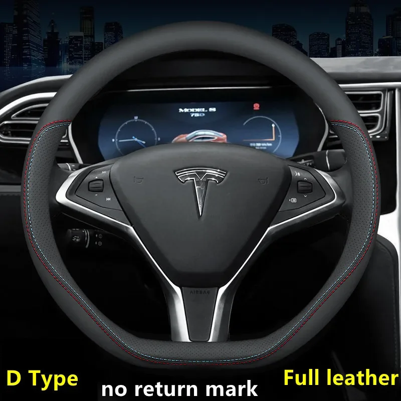 

Leather Car Steering Wheel Cover For Tesla Model 3 Y S X 2019 2020 2021 2022 2023 2024 36-38 CM Black Auto Interior Accessories