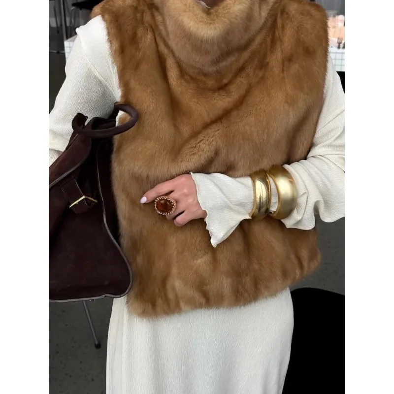 

Модный однотонный элегантный меховой жилет без рукавов в стиле ретро с высоким воротом, женский европейско-американский стиль, осень-зима, новый стиль