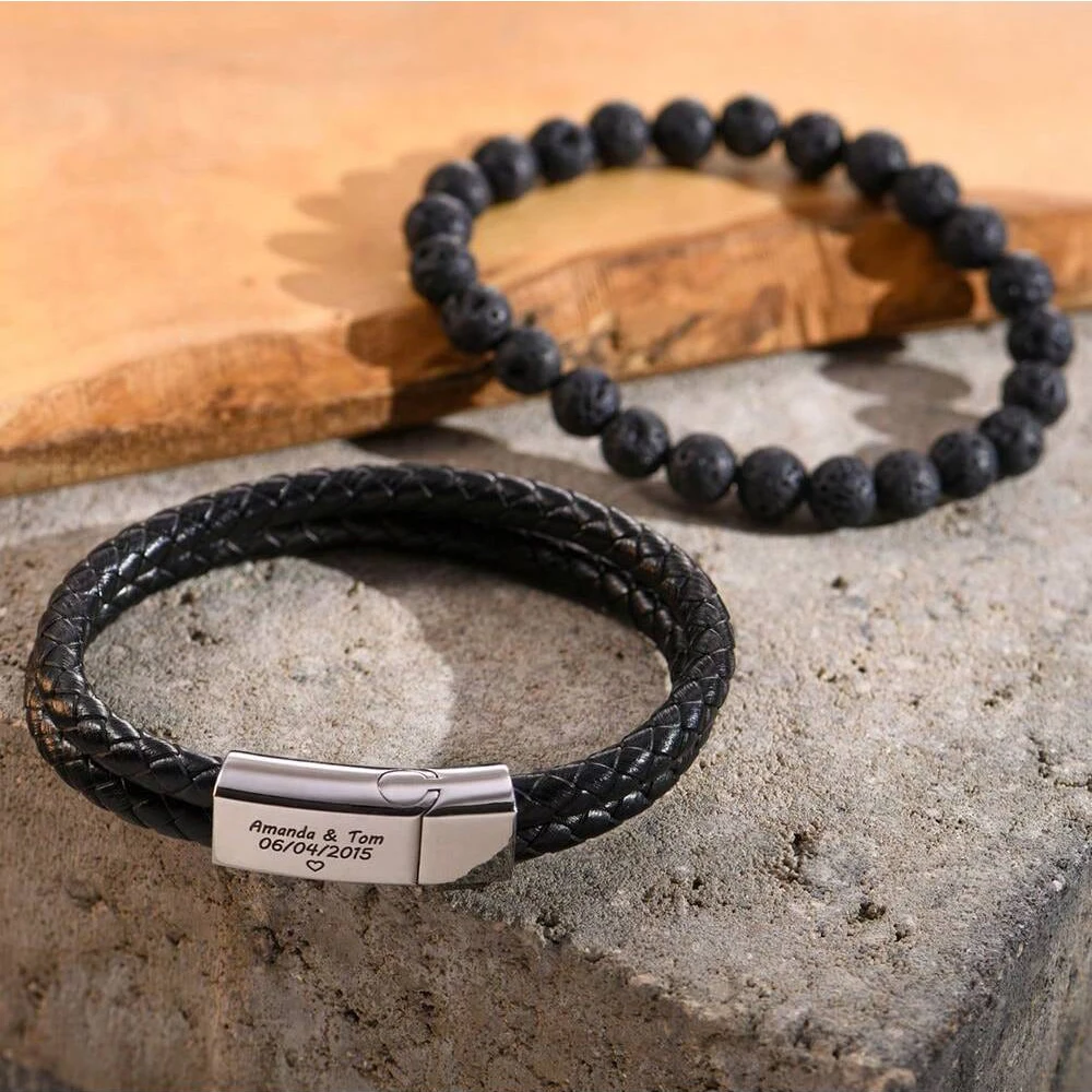 Personalized Engraved Name Leather Bracelet Customize Symbol Stainless Steel Magnet Buckle Layered Bracelet for Couple Gift view 3