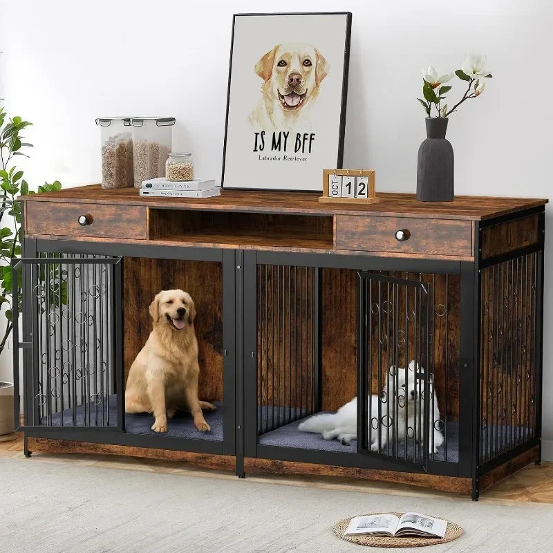 71'' Dog Crate Furniture for 2 Dogs, Wooden Double Dog Crate Large Breed with 2 Drawers, XXL Dog Kennel TV Stand End Table,Brown