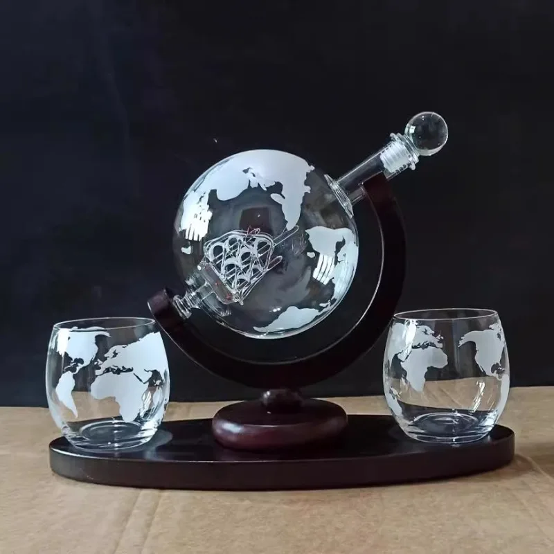 Creative Globe Decanter Set with Carafe Exquisite Wood-stand and 2 Whisky Glasses Whiskey Decanter Globe Grade Gift Men's Gift