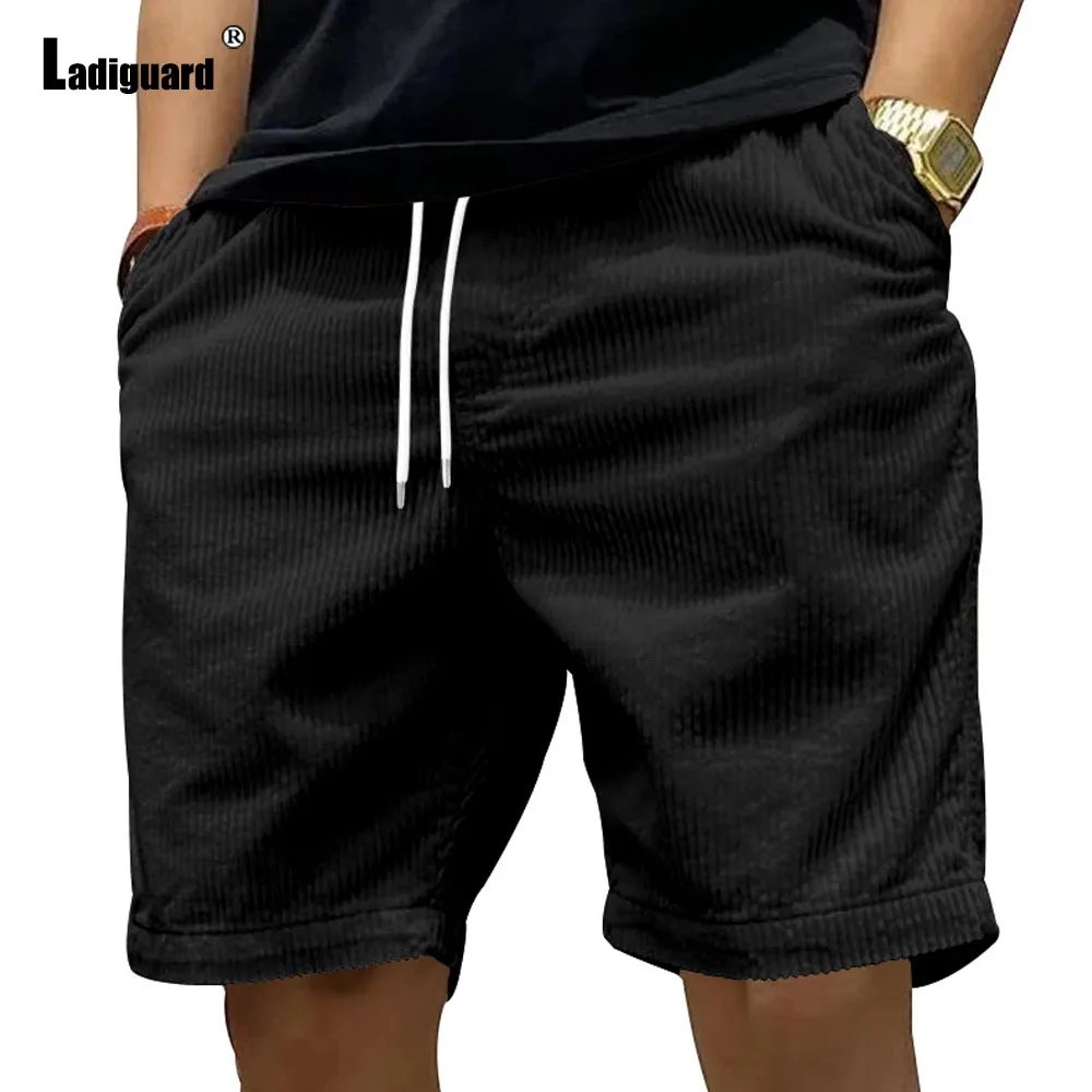 Ladiguard Men Casual Corduroy Shorts Yellow Apricot Beach Shorts Plus Size Male Drawstring Half Pants Sexy Mens Clothing 2024