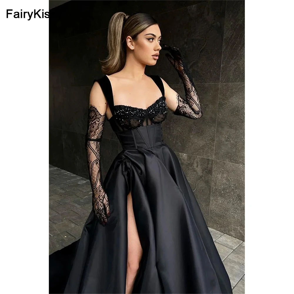 FairyKissy Black Lace Embroidery Prom Dresses A-line Satin فساتين السهرة Elegant Illusion Gloves Floor Length Party Evening Gown