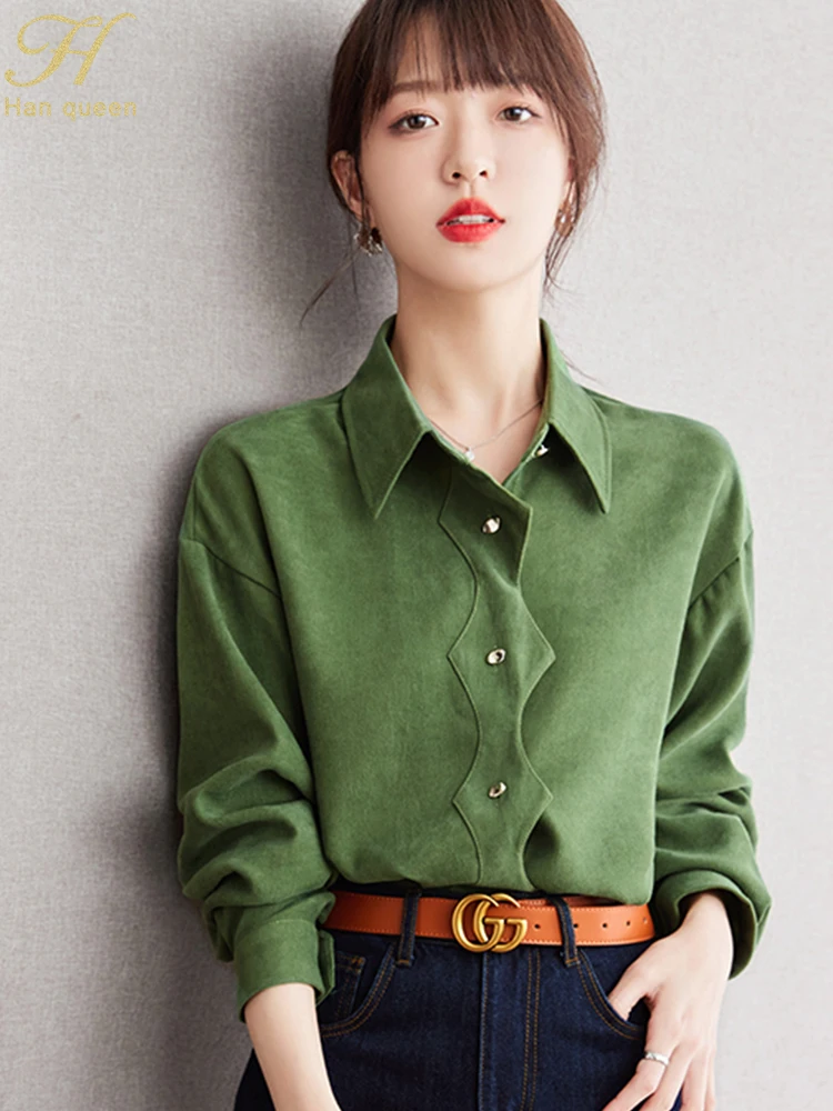 H Han Queen 2024 Autumn Elegant Single-Breasted Simple Oxford Cloth Blouse Womens Loose Casual Green Vintage Shirts Office Tops