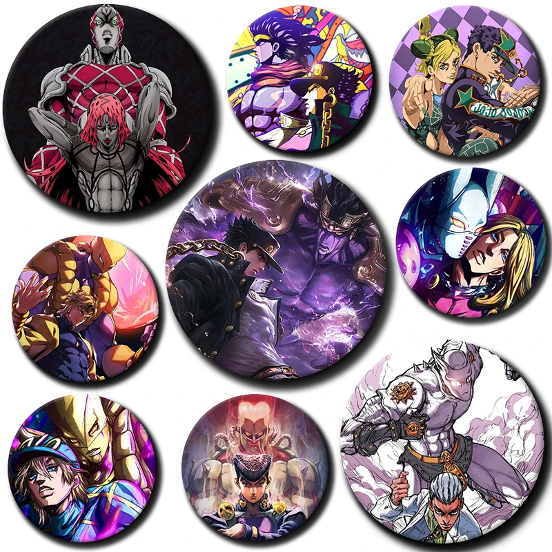 Anime JoJo Bizarre Adventure Brooch for Bag Tinplate Round Lapel Pin Kujo Jotaro Jolyne Cujoh Dio Brando Badge Fans Jewelry Gift