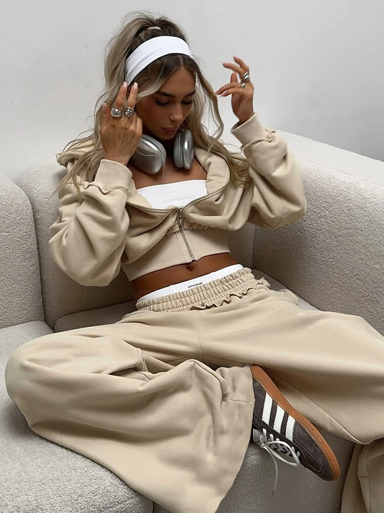 Kliou Setelan Kasual Sporty 2 Potong Wanita Cardigan Zip Lengan Panjang Berkerudung Jaket Crop+Celana Panjang Pinggang Elastis Pakaian Fashion Sehari-hari