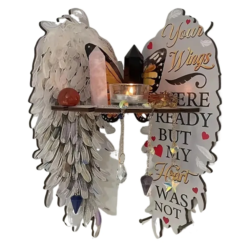 1Pc Boho Wood Angel Wing Wall Decoration Crystal Display Holder Moon Phase Floating Shelf Room Art Wall Hanging Home Decor Gift