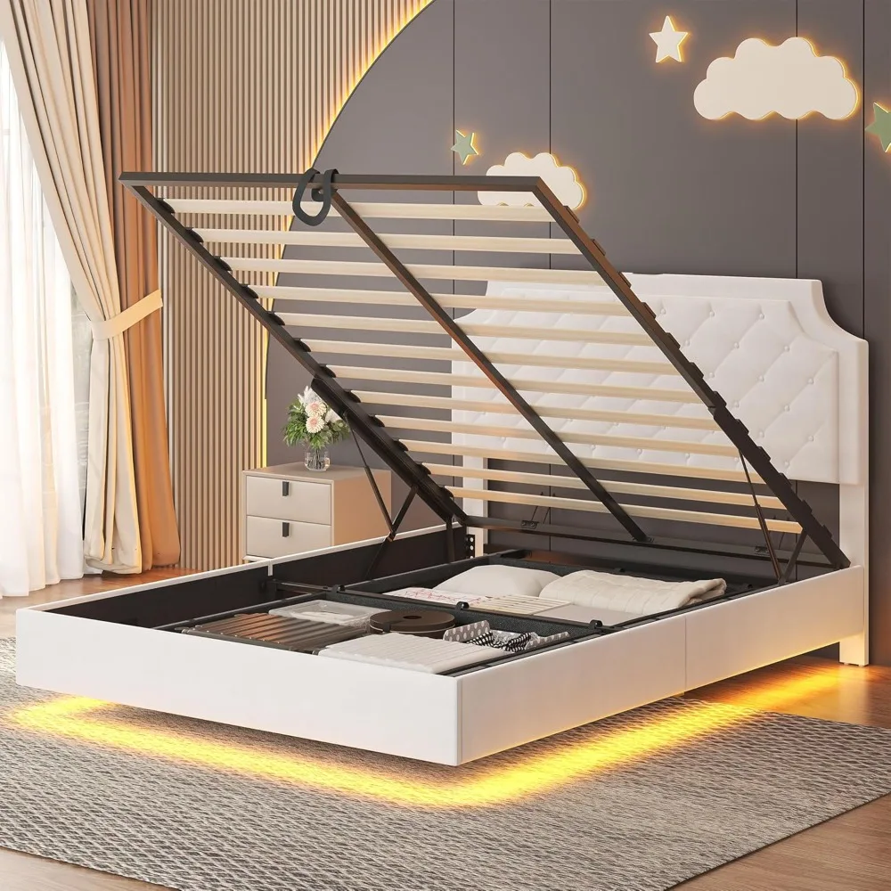 Lift Up Full Size Bed Frame with Storage Floating Bed Frame with Adjustable Headboard & LED Lights & Fast Charging Station &