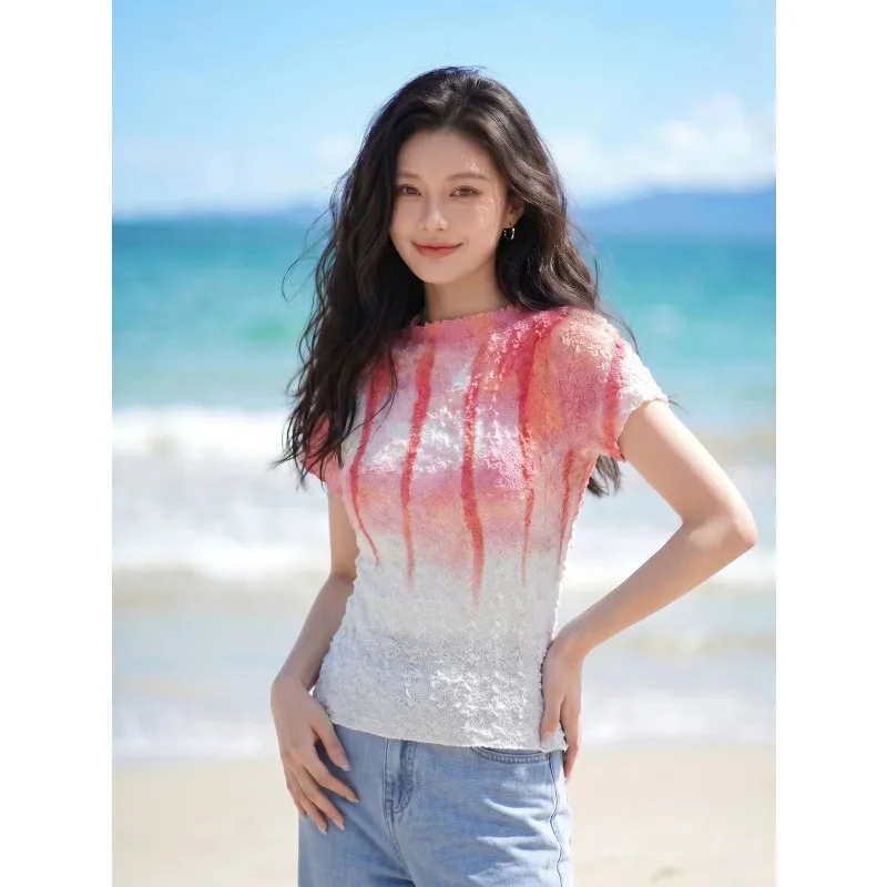 

Miyake Pleated T-Shirt Plisse 2026 Summer New Wisteria Flower Fold T-shirt Pleats Print Elegant Casual Pleats Top Women Clothing