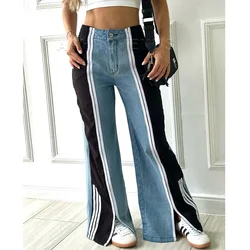 Women's Vintage Street Wide Leg Pants Splicing High Waist Jeans Straight Loose Casual Trousers Streetwear Denim Jeans