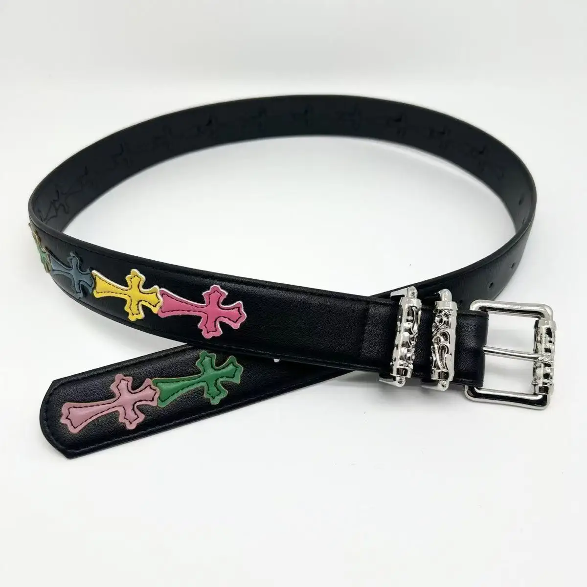 Cro CH Needle Buckle Belt for Men and Women with Hollow Red Patchwork Cross Vine Belt Star Style Retro Classic