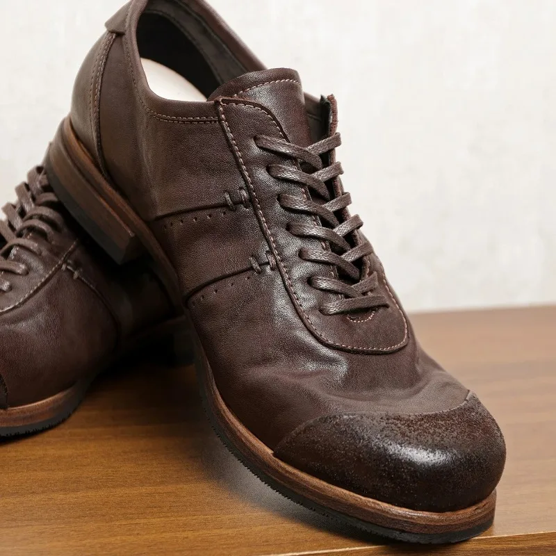New Washed Horseskin Breathable Vintage Casual Leather Shoes Men's Oxfords Thick Sole Outdoor Genuine Leather Male Shoes