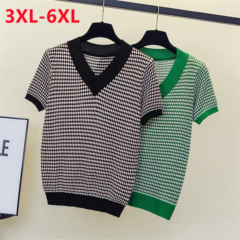 

2022 summer new large women's short sleeved plus size T-shirt hollowed out V-neck knitted T-shirt 3XL 4XL 5XL 6XL