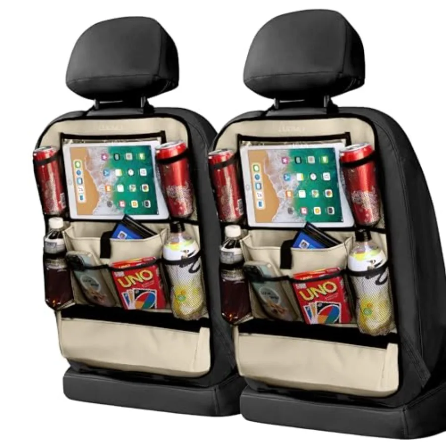 

Car Backseat Organizer with Touch Screen Tablet Holder-2 Pcs, 9 Storage Pockets Car Storage Organizer Protectors Kick Mats Trav