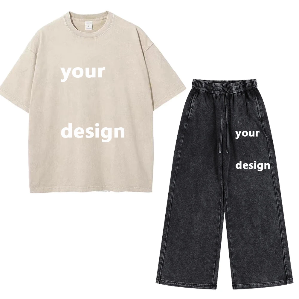 Men Women Cotton Washed T Shirt Pants Set 230G Custom Printed T Shirt Matching Set DIY Logo Pattern Casual Streetwear Outfit view 3