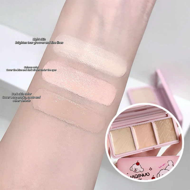 Paleta correctora de tres colores para manchas faciales, marcas de acné, pliegues nasolabiales, ojeras, bolsas para los ojos y trozos de rasgado.