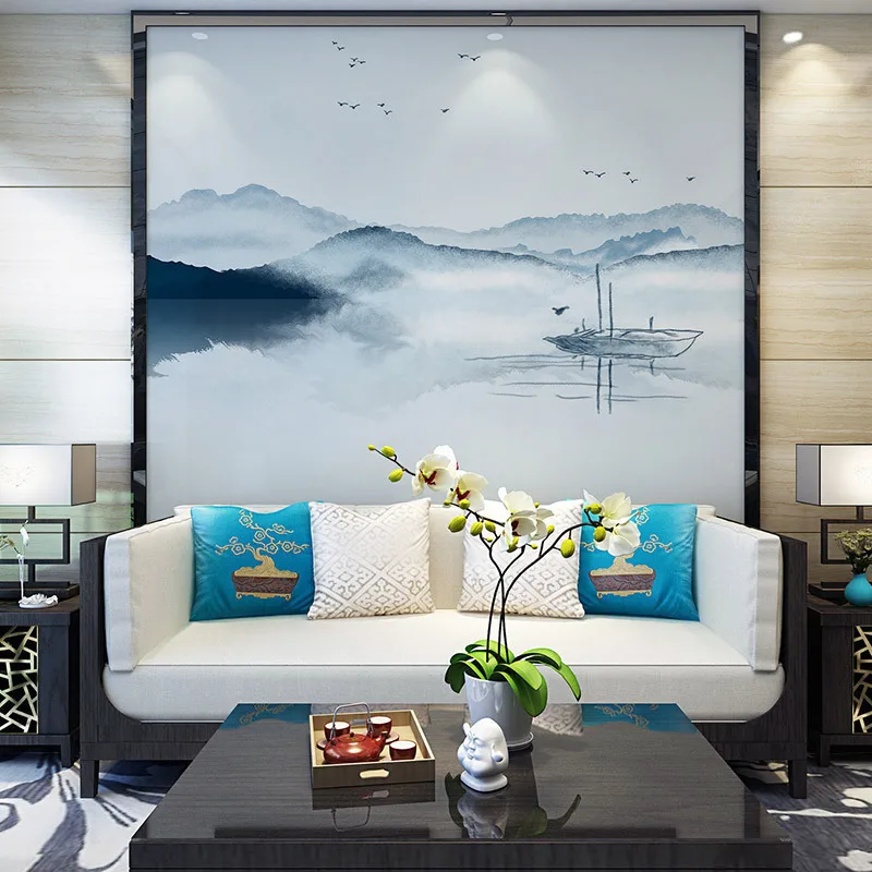 Customized Modern new Chinese ink landscape hand painted mural TV background living room simple wallpaper bedroom restaurant 3d