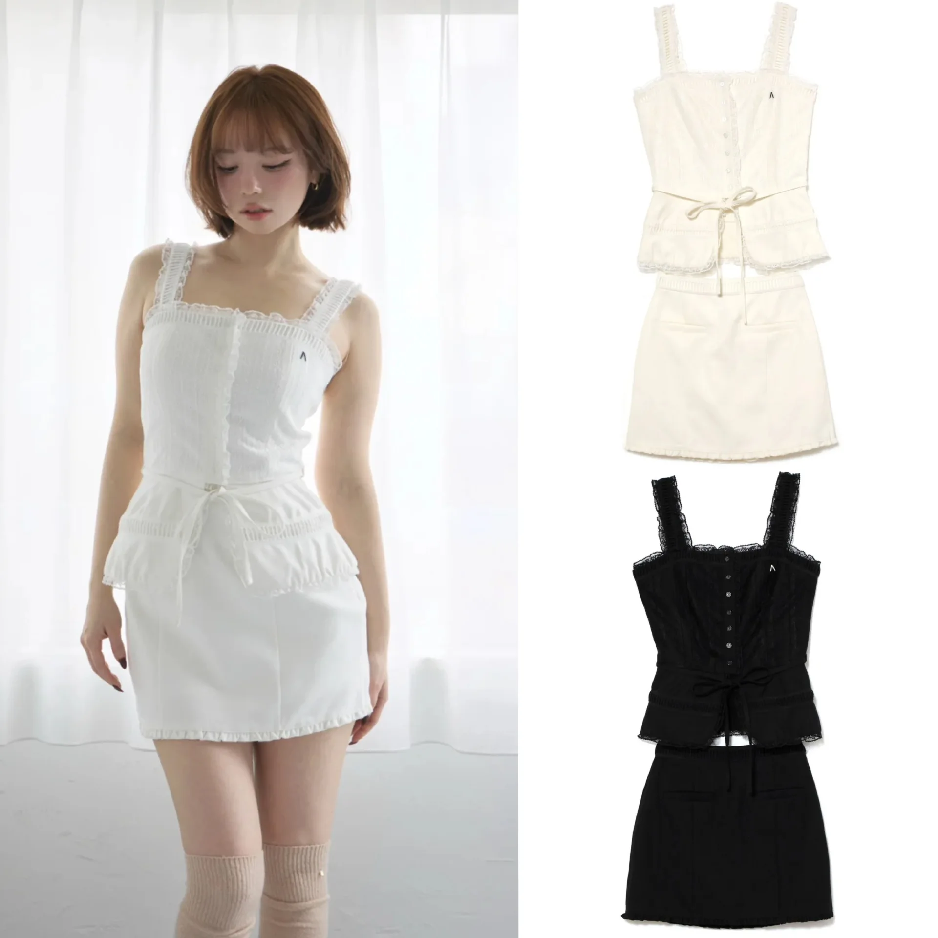 Summer Sweet and Cute 2-piece Set Lace Strap Lace Waist Suspender Vest Top Mini Casual Skirt Set Y2K Women Daily Commuting Wear