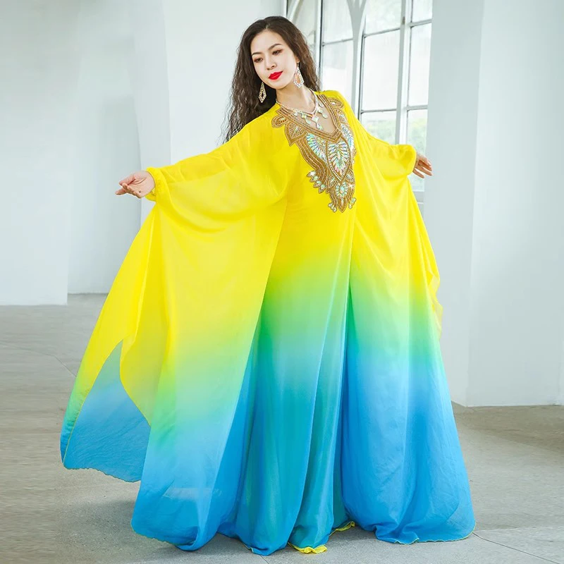 Gradually Changing Color Traditional Khaleeji Thobe Dress Chiffon Belly Dance Clothes Kaftan Dress Competition Khaleegy Costume