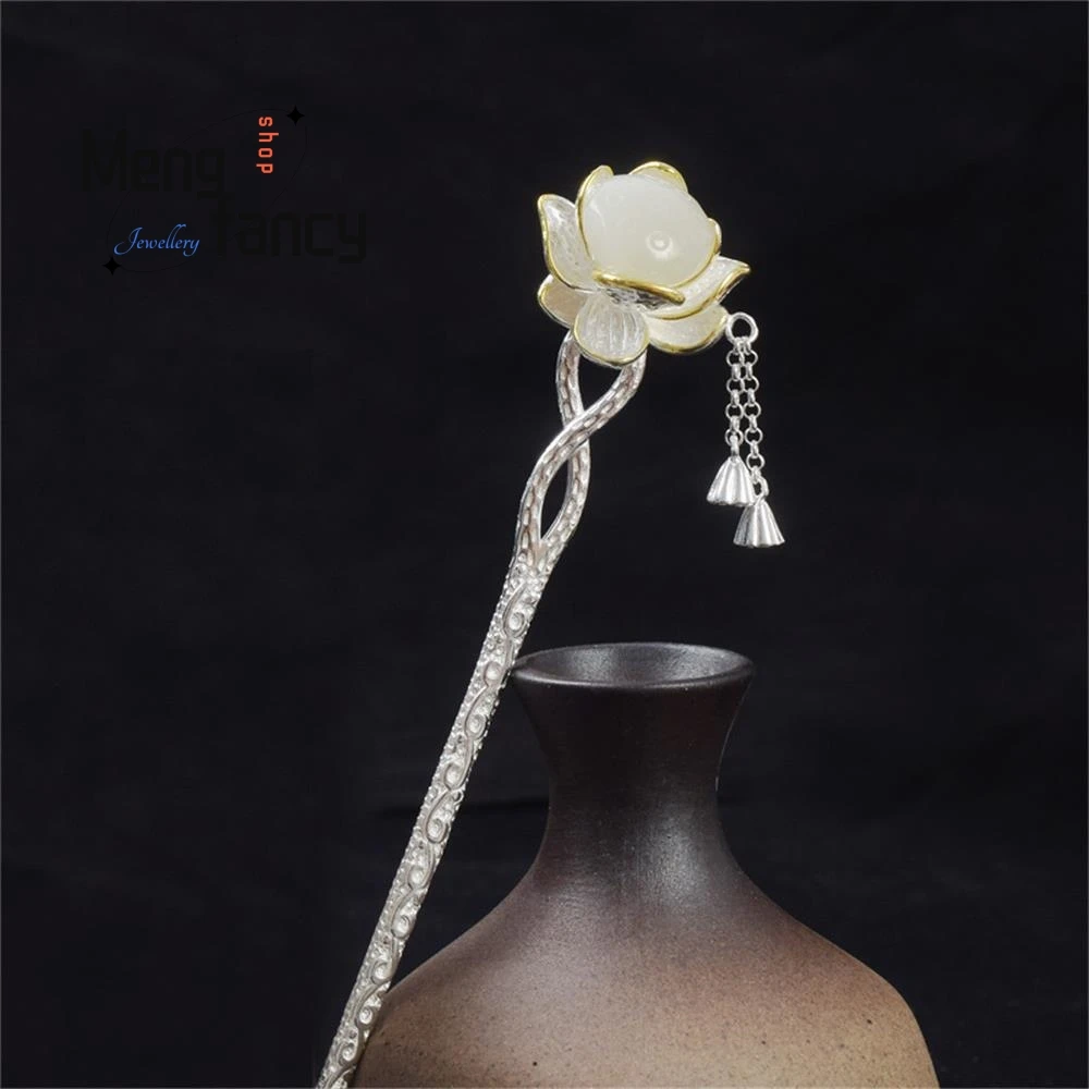 

S925 Sterling Silver Lotus Tassel Hairpin Female Exquisite Elegant Simple High-grade Chinese Ethnic Ancient Style Hanfu Headgear