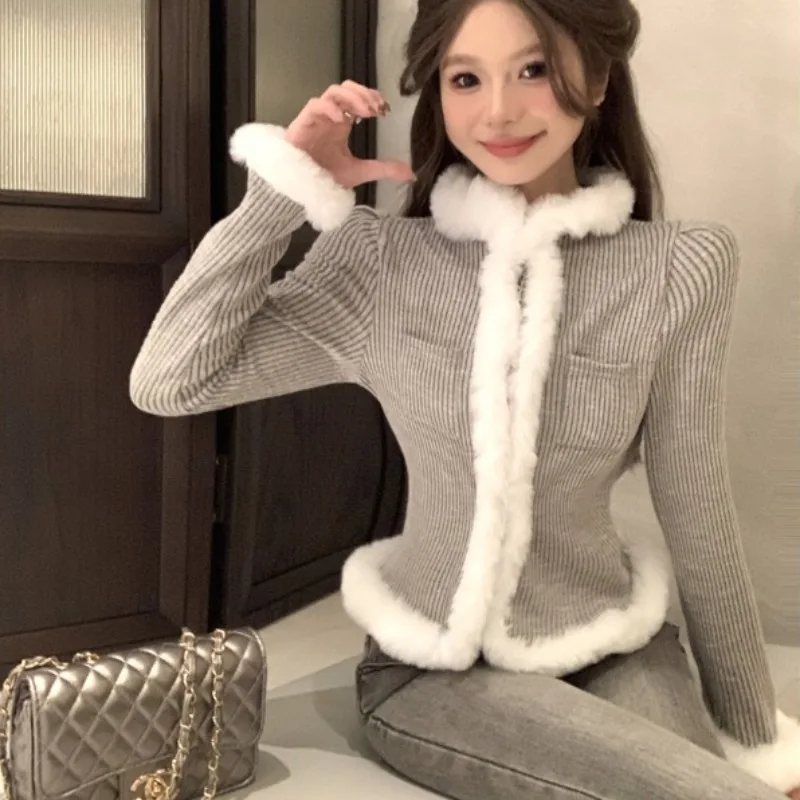 Gray Cardigans Women Knitted Furry Patchwork O-neck Slim Harajuku Designed Fashion Sweaters Korean Style All-match Stylish New