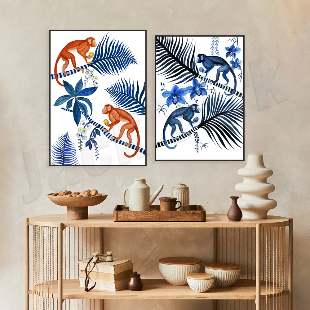 Australian artist Sally Browne prints, monkey and orchid art plants, squirrel monkey art, blue palm trees and plants posters